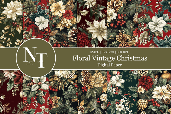 Download Floral Vintage Christmas Digital Paper - Premium Resources