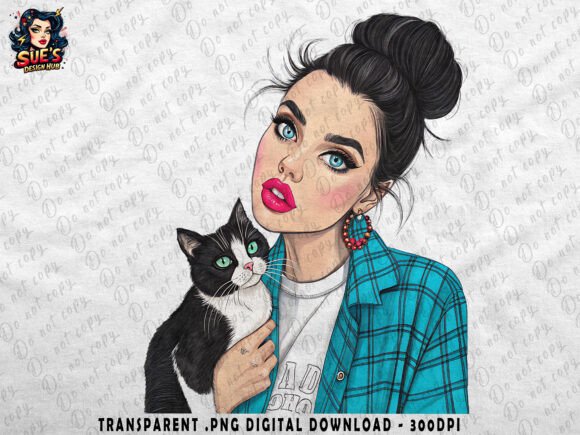 Download Woman in Blue Plaid Shirt with Black Cat - Blue Collection