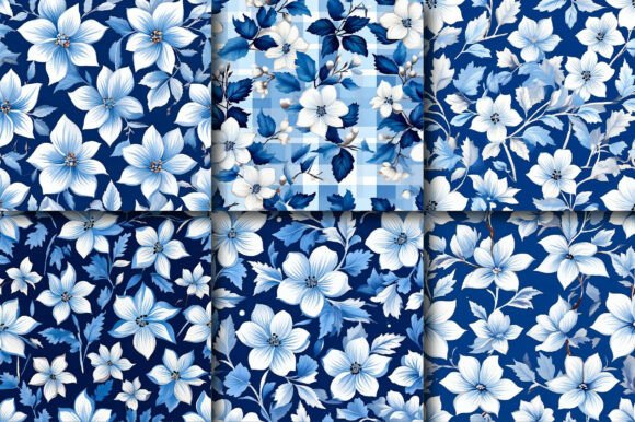 Download Blue Gingham Winter Flowers Patterns - Blue Collection