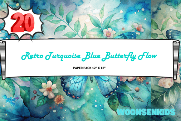 Download Best Retro Turquoise Blue Butterfly Flowers Background Watercolor Png Kdp Digital Paper - Blue Collection